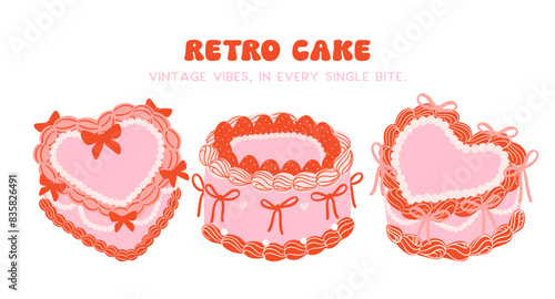 set of Retro Cake Groovy Coquette Design with Ribbon bow banner
