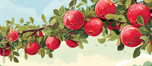Apple orchard with red apples growing on a tree with a beautiful background providing ample copy space image. © Ilgun