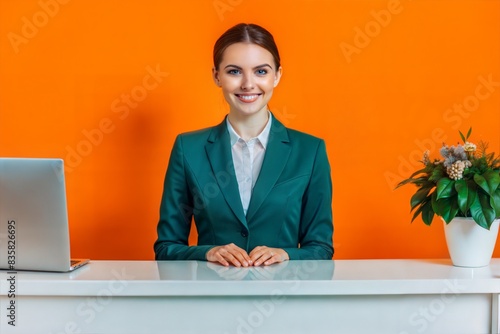 Professional Receptionist: An attractive receptionist at a front desk, welcoming customers.
 photo