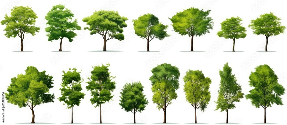 Fototapeta premium A stunning collection of trees on a white background, perfect for architectural designs, decorations, and complementing natural elements in print and web with copy space image.