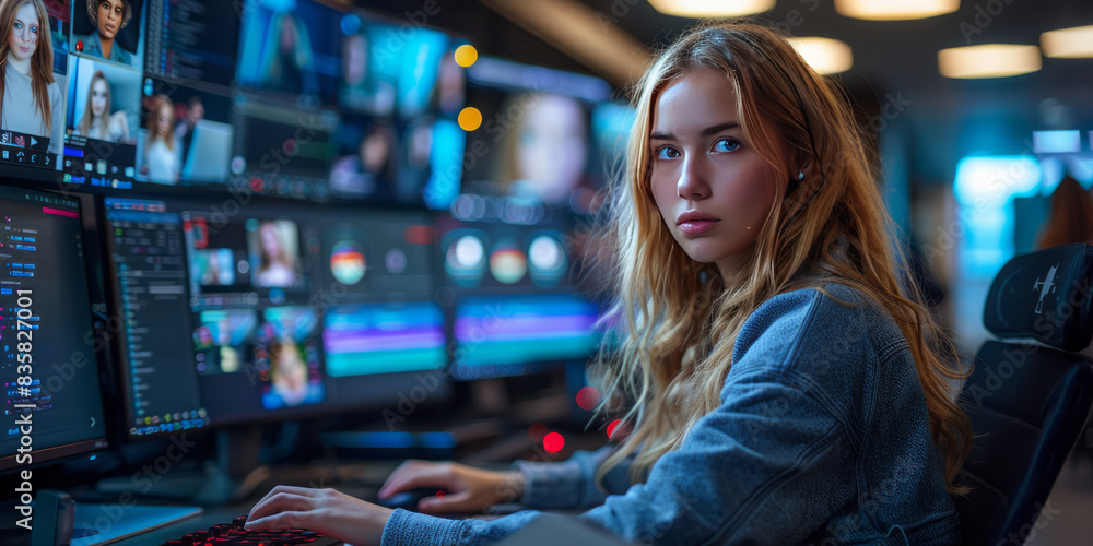 photographic still of attractive woman sat at desk in modern office working on a computer editing a sequence on Premier Pro,generative ai photographic still of attractive woman sat at desk in modern office working on a computer editing a sequence on Premier Pro,generative ai