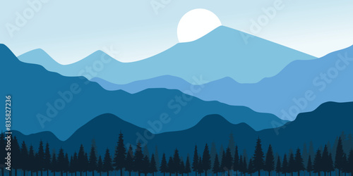 illustration landscape mountain range with a blue sky. The mountains are covered in trees and the sky is clear and bright. The scene is peaceful and serene