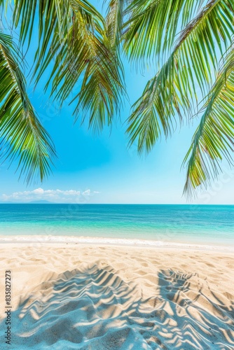 Scenic Tropical Beach with Palm Trees and Clear Blue Waters