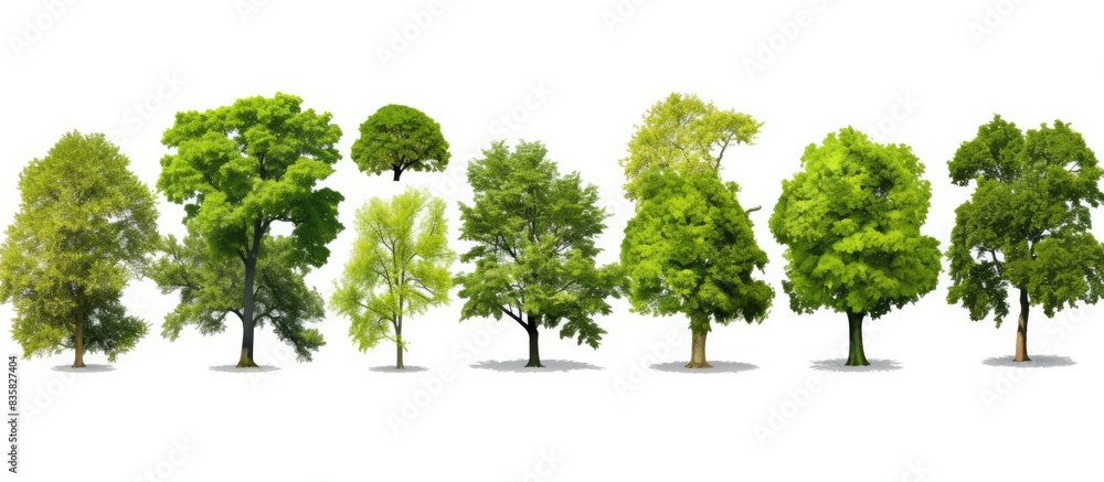 Fototapeta premium Collection of individual trees on white backdrop with copy space image.