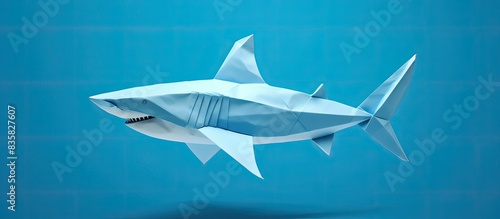 Animal origami depicted on a white background with a blue shark design, leaving room for additional content with a copy space image. photo