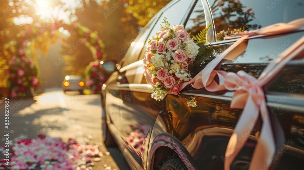 Wedding car decorated with flowers and ribbons