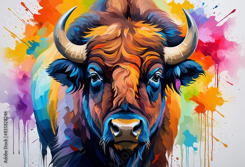 Colorful abstract bison animal portrait painting, nature theme concept texture design photo