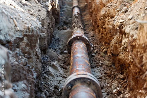 Pipeline construction. metal pipe in trench for old underground water line installation