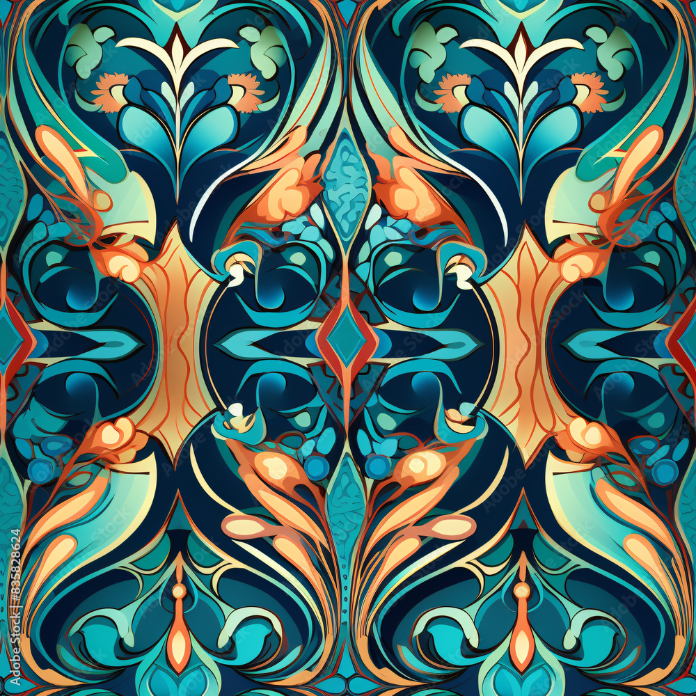 Elegant and seamless pattern with a blend of water-inspired hues and bold ink colors, influenced by African square fabric patterns, perfect for a luxurious vintage design Elegant and seamless pattern with a blend of water-inspired hues and bold ink colors, influenced by African square fabric patterns, perfect for a luxurious vintage design