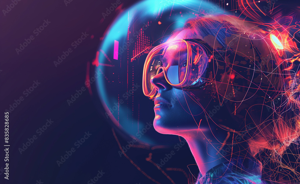 A woman is immersed in a virtual reality experience, wearing a VR headset. The background is a vibrant blend of digital graphics and lights, illustrating the immersive and futuristic nature. A woman is immersed in a virtual reality experience, wearing a VR headset. The background is a vibrant blend of digital graphics and lights, illustrating the immersive and futuristic nature.