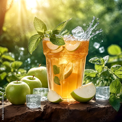 Glass of apple juice in nature
 photo