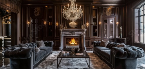 A sophisticated living room with dark wood paneling, a grand fireplace, plush velvet sofas, and a large crystal chandelier, creating an opulent atmosphere. photo