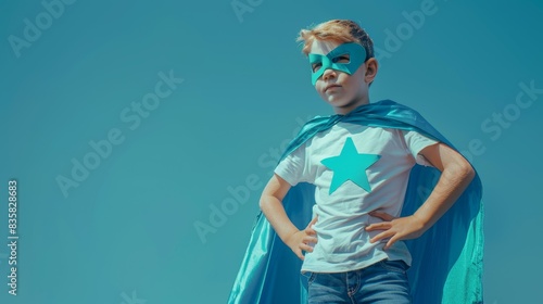 The child superhero poses