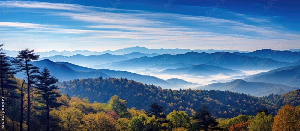 Panoramic view of the Blue Ridge Mountains in Smoky Mountain National Park, showcasing a wide horizon with layered hills and valleys, perfect for a large format pano with copy space image. Panoramic view of the Blue Ridge Mountains in Smoky Mountain National Park, showcasing a wide horizon with layered hills and valleys, perfect for a large format pano with copy space image.