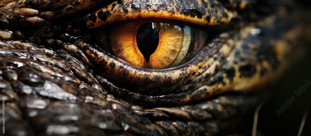 A dangerous reptile, the crocodile, lurks with its watchful eye, ready to hunt, concealing itself with a menacing look in the copy space image. A dangerous reptile, the crocodile, lurks with its watchful eye, ready to hunt, concealing itself with a menacing look in the copy space image.