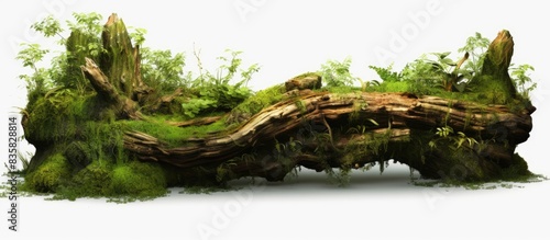 High-quality clipping mask of an isolated dead tree stump with mossy roots and green foliage against a white background, ideal for copy space image. photo