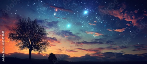 Sunset with starry sky in a photograph with copy space image.