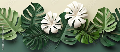 Decorative paper monstera leaves creating a stylish background with ample copy space image.