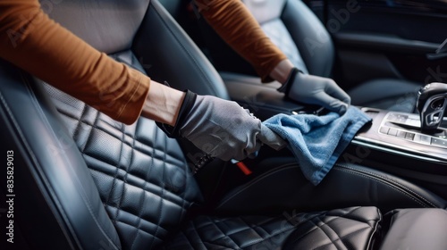 Professional car detailing, Hand cleaning leather car seats. Car detailer wearing gloves and using cleaning tools on leather seats.