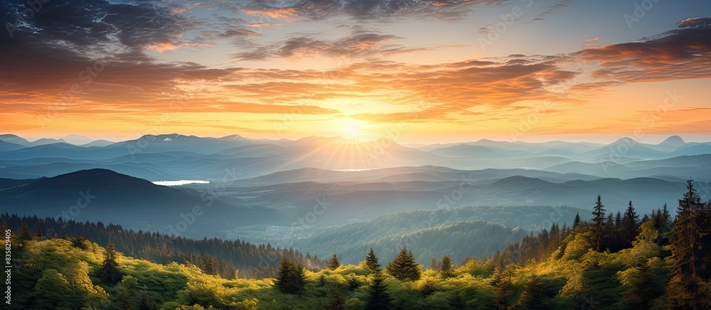 Fototapeta premium Summer sunset over majestic mountains, creating a picturesque natural landscape with copy space image.