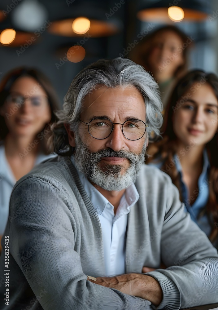 Portrait of a middle-aged man with grey hair and beard, wearing glasses, with three women in the background Portrait of a middle-aged man with grey hair and beard, wearing glasses, with three women in the background