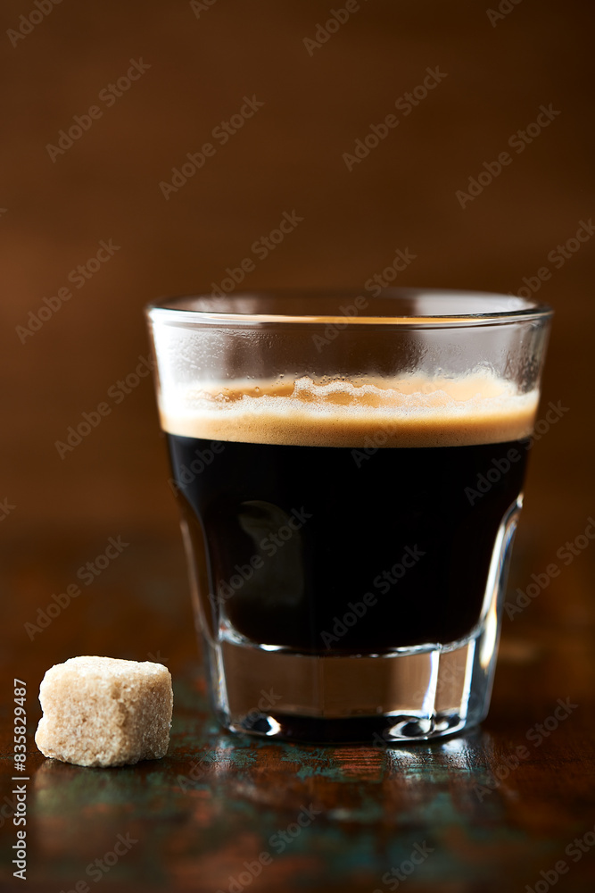 Coffee in glass cup on dark background. Close up. Copy space Coffee in glass cup on dark background. Close up. Copy space
