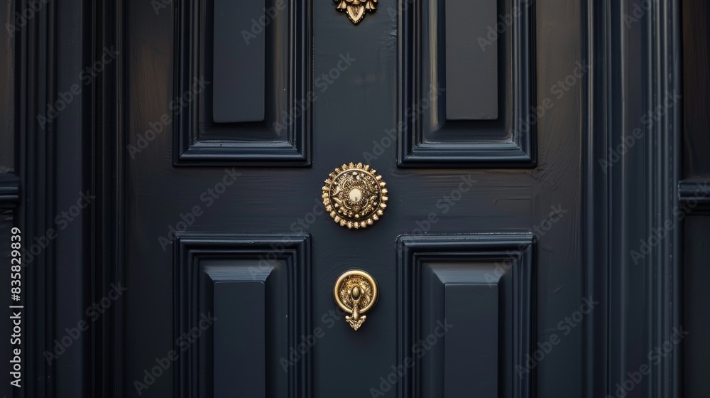 Enigmatic black door with opulent gold handle, inviting exploration. Dramatic dark background with a single, intriguing door. Enigmatic black door with opulent gold handle, inviting exploration. Dramatic dark background with a single, intriguing door.