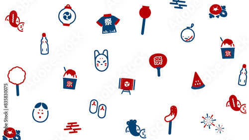 日本の夏祭りをモチーフにしたシンプルなラインアイコン背景　Japanese summer festival simple line icon background