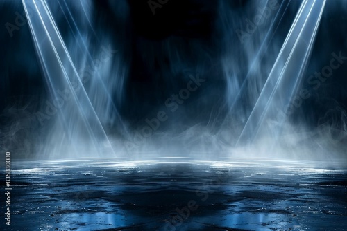 Product showcase spotlight background. Clean photography studio. Abstract blue background with rays of neon light, spotlight, reflection on the asphalt. generative ai.