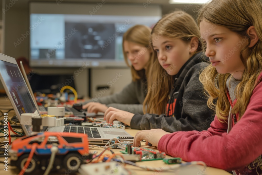Fototapeta premium Young girls are participating in an enriching technology workshop focusing on robotics and coding, enhancing their skills in STEM fields and fostering innovation through handson learning