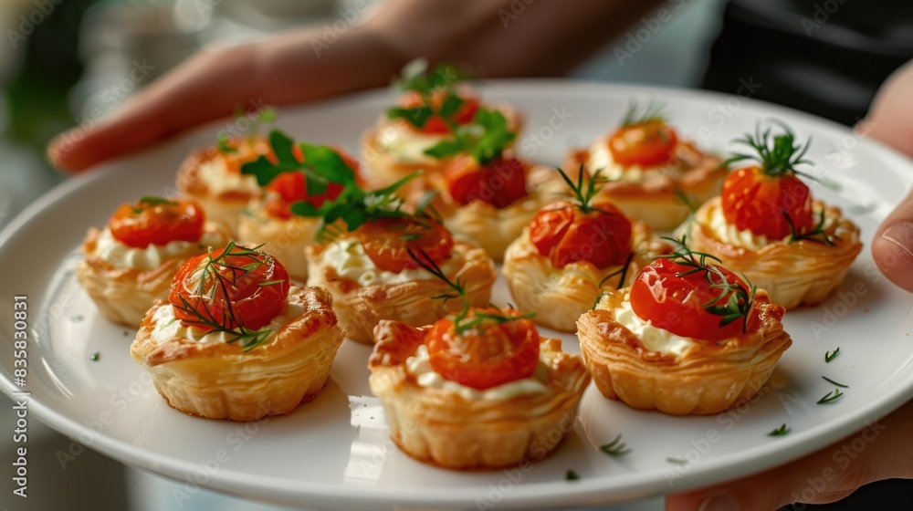 White plate of mini tarts with whipped cream and cherry tomatoes White plate of mini tarts with whipped cream and cherry tomatoes