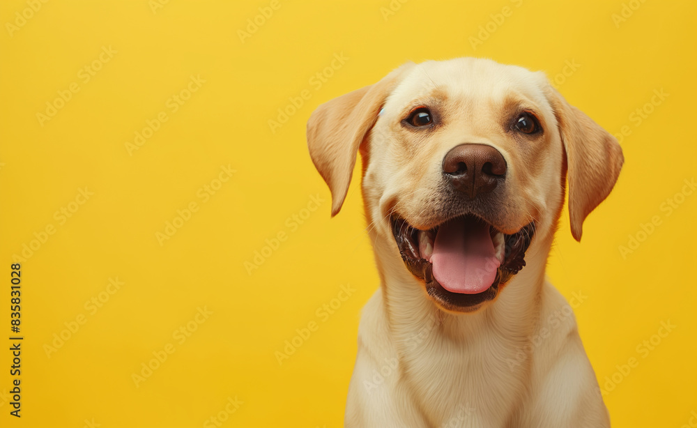 A happy Labrador retriever against a bright yellow background. A happy Labrador retriever against a bright yellow background.