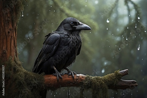 raven on a branch Sorrowful Raven Tears Streaming Down Feathers on Tree Branch