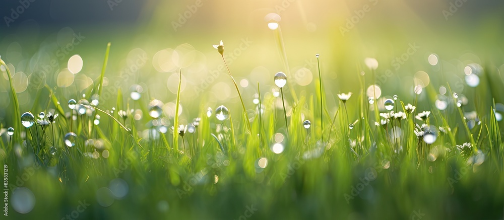 A serene spring or summer morning scene with stunning wildflowers, dew drops, soft blur, and focused on a specific area with room for text or design elements, known as a 'copy space image.' A serene spring or summer morning scene with stunning wildflowers, dew drops, soft blur, and focused on a specific area with room for text or design elements, known as a 'copy space image.'