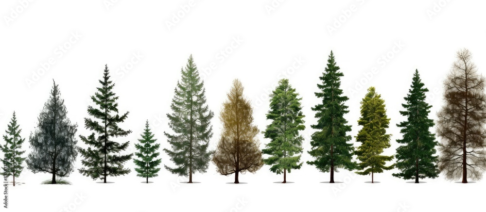 Various coniferous trees set against a blank white backdrop with copy space image included. Various coniferous trees set against a blank white backdrop with copy space image included.
