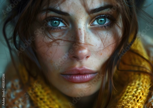 Portrait of a young woman with green eyes and freckles