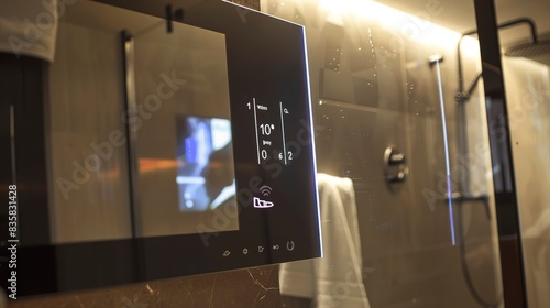 Wallpaper Mural Tech-savvy bathroom, close-up on a smart mirror displaying weather and news, muted backlight Torontodigital.ca