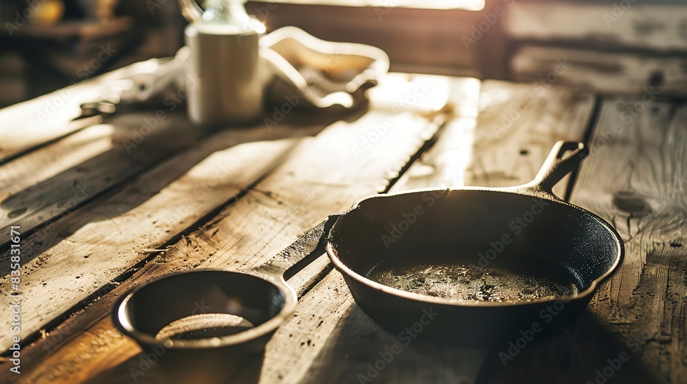 Rustic country kitchen, close-up on weathered wooden table and classic cast iron skillet, warm morning light Rustic country kitchen, close-up on weathered wooden table and classic cast iron skillet, warm morning light