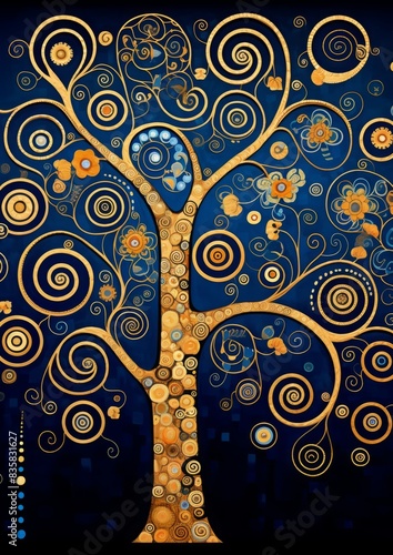 Family tree with spirals and graphical elements on dark blue background, main colors are gold and blue, many detail