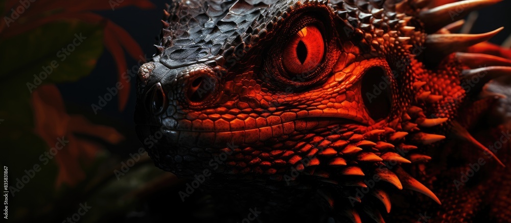 Close-up photo of a red iguana in a dark terrarium with a wooden trunk, creating an exotic animal portrait in a zoo enclosure with space for text. Copy space image. Place for adding text and design Close-up photo of a red iguana in a dark terrarium with a wooden trunk, creating an exotic animal portrait in a zoo enclosure with space for text. Copy space image. Place for adding text and design