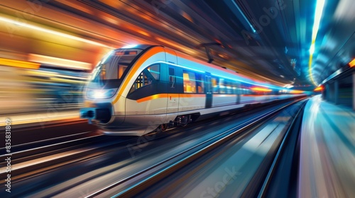 High-speed train moving through an urban tunnel with motion blur, showcasing modern transportation and technology in action.