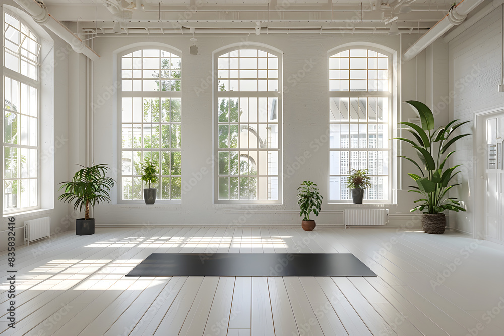 A white gym with a black yoga mat and large windows providing ample natural light, creating a serene and spacious atmosphere for fitness and relaxation. A white gym with a black yoga mat and large windows providing ample natural light, creating a serene and spacious atmosphere for fitness and relaxation.