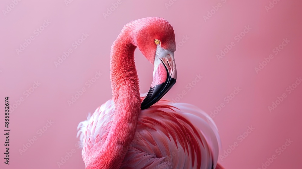 Fototapeta premium Pink flamingo standing in front of pink background