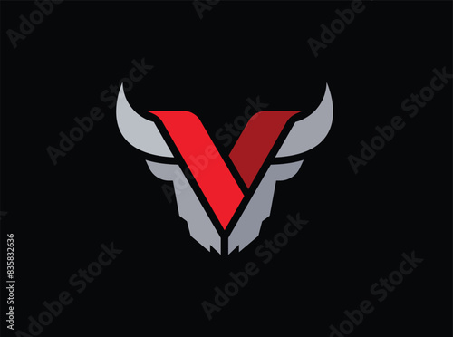 Letter V with Bull Head Vector Icon Logo Template