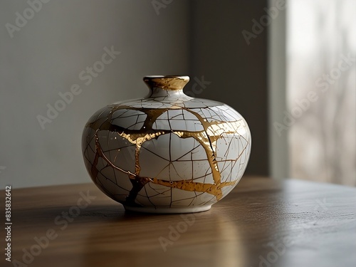 A  golden kintsugi pot displayed in a minimalist studio, its clean lines and neutral tones highlighting the pot's unique beauty.

