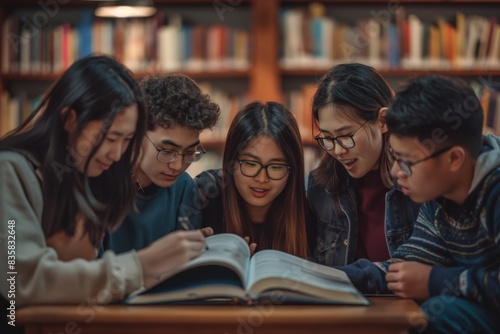 A diverse group of students is studying together in a library, focusing on books and education. They are collaborating, sharing knowledge, and working as a team to enhance their learning experience