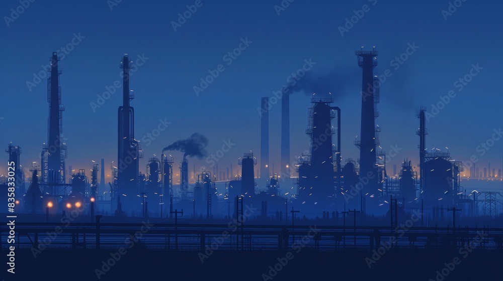 A blue hour scene at an oil refinery, where the silhouette of tanks and pipes creates a graphic industrial landscape A blue hour scene at an oil refinery, where the silhouette of tanks and pipes creates a graphic industrial landscape