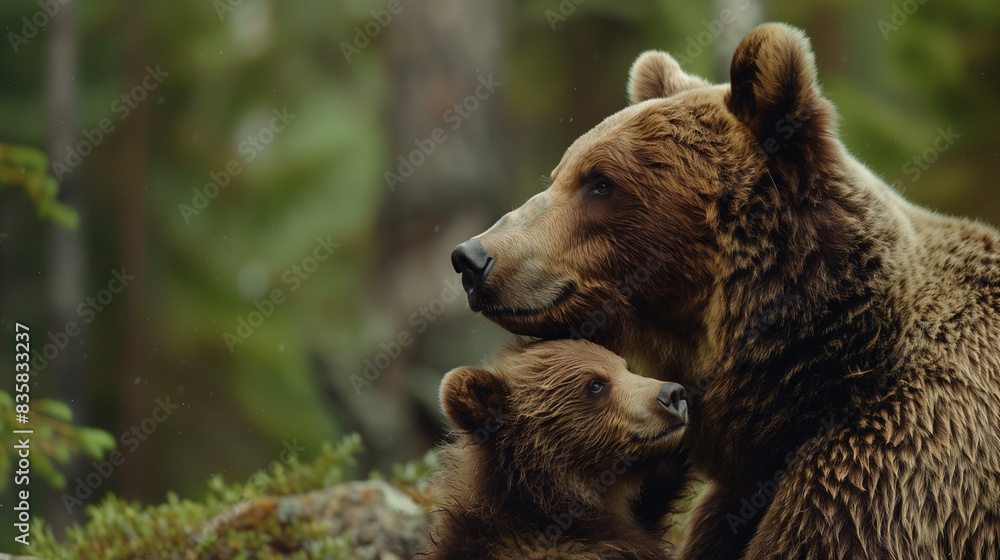 Fototapeta premium Brown Bear Mother and Cub Nuzzling Together