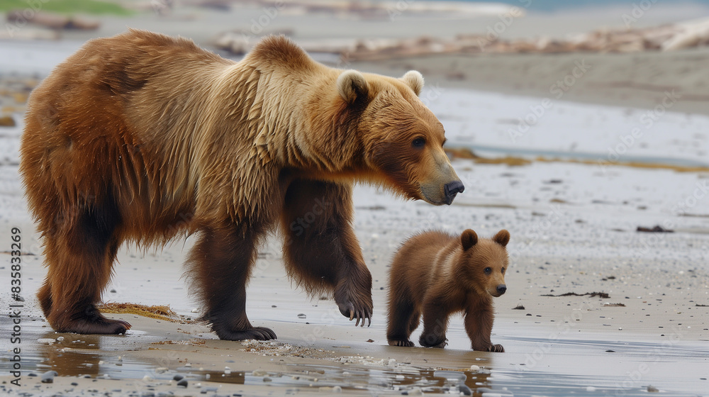 Fototapeta premium Fluffy Brown Bear Mother and Cub Walking Together in Shallow Waters