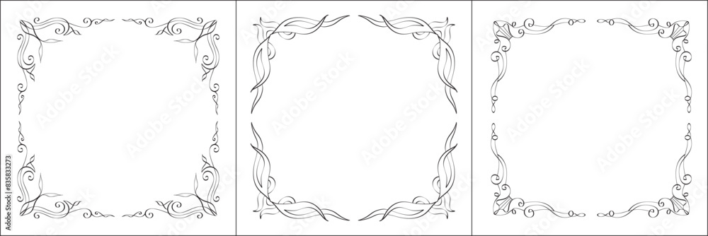 Set of three vector frames. Elegant black and white monochrome ornamental border for greeting cards, banners, invitations. Vector frame for all sizes and formats. Isolated vector illustration. Set of three vector frames. Elegant black and white monochrome ornamental border for greeting cards, banners, invitations. Vector frame for all sizes and formats. Isolated vector illustration.